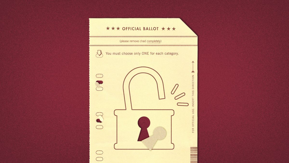 Illustration of an open lock on a voting ballot.