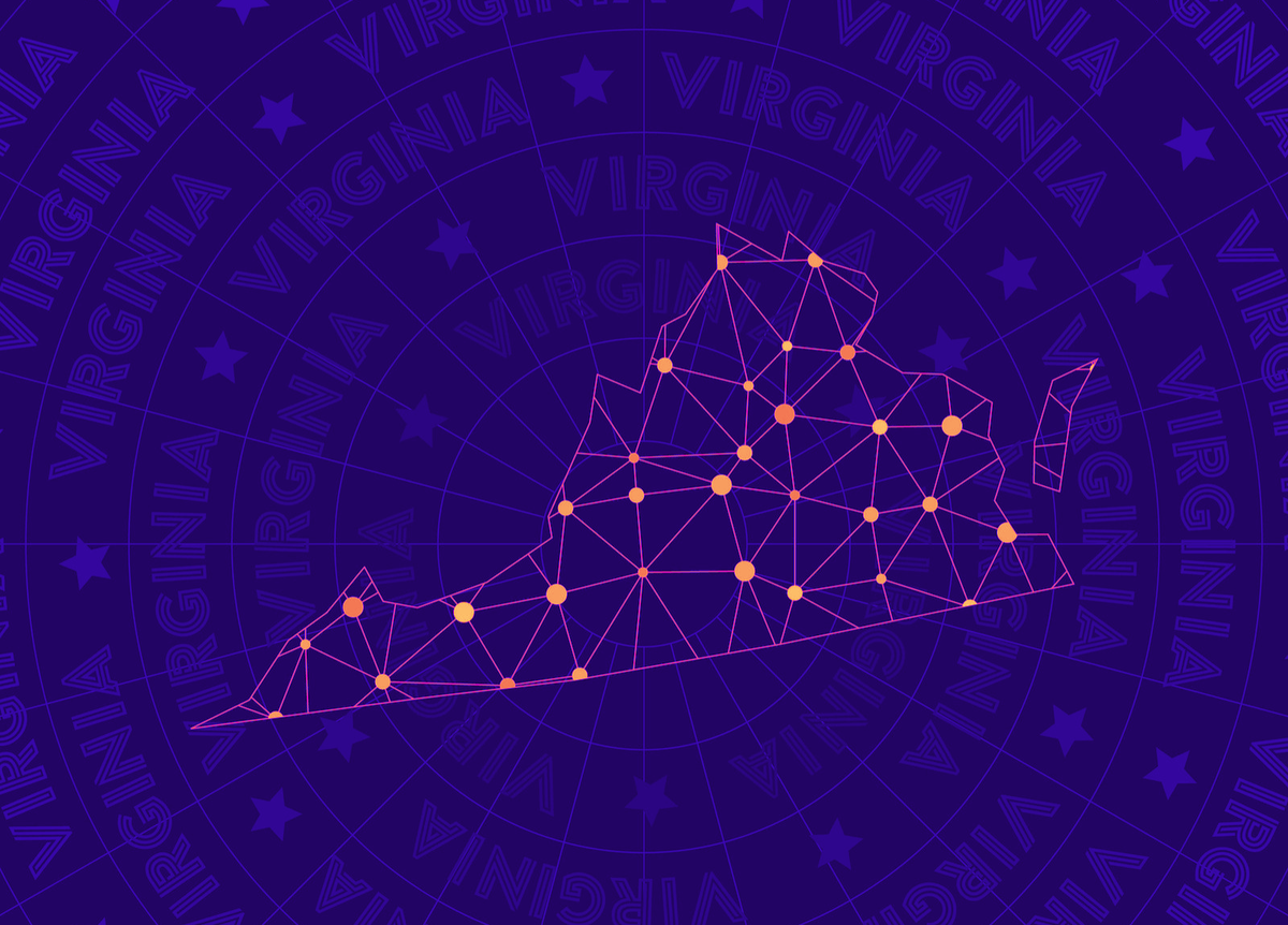 Image of Virginia map with network constellation style and concentric circles featuring the word Virginia