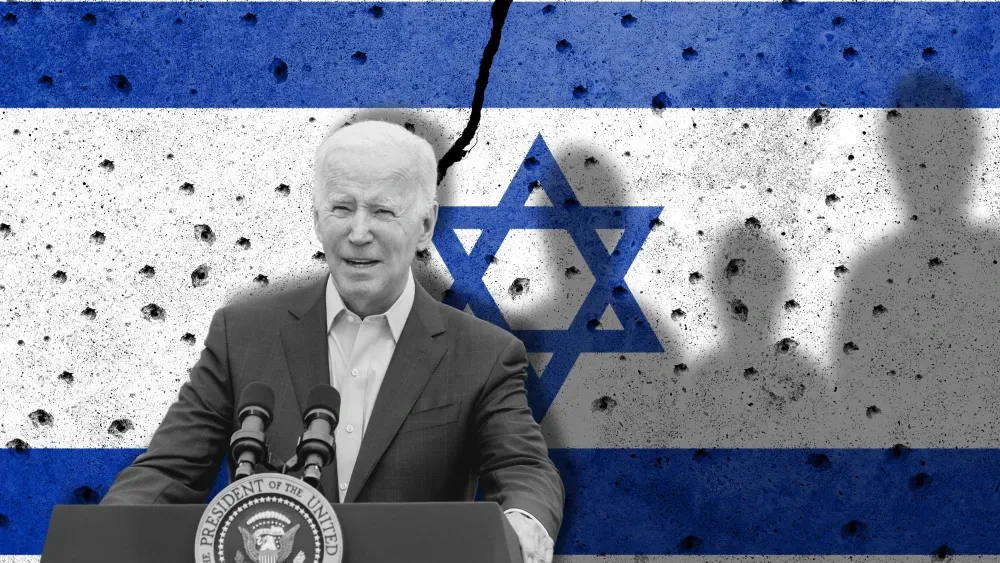 President Joe Biden before the Israeli flag. Photos: Shutterstock. Illustration: Ahnaf Kalam.