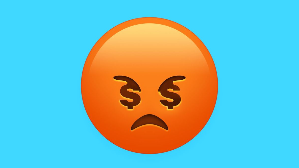 Illustration of sad face with dollar signs.