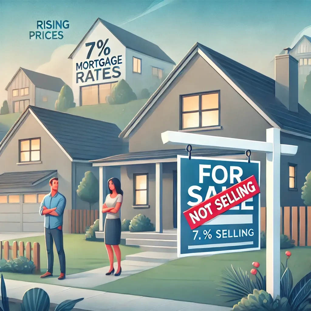 an illustration of a man and woman standing in front of their homes with their arms crossed and "for sale" signs in front with "Not Selling" plastered across the sign