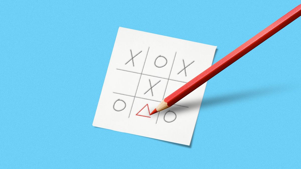 Illustration of a tic-tac-toe game with a pencil drawing a triangle in the grid.