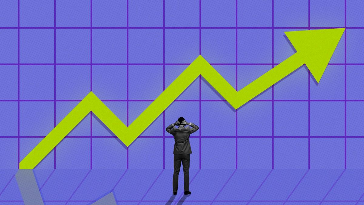 Illustration of a man looking exasperated at a glowing upward trend line.
