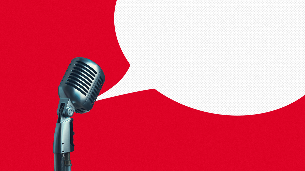 A speech bubble emerging from a microphone.