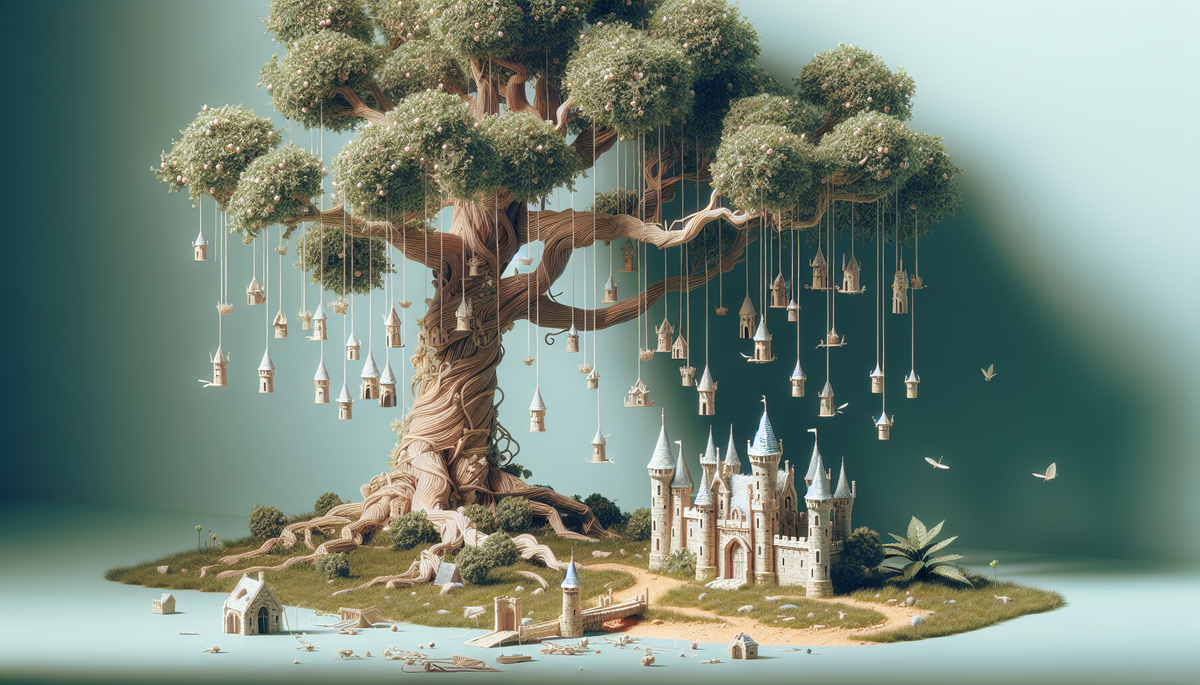 mini castles hanging from a tree with some fallen on the ground below the tree