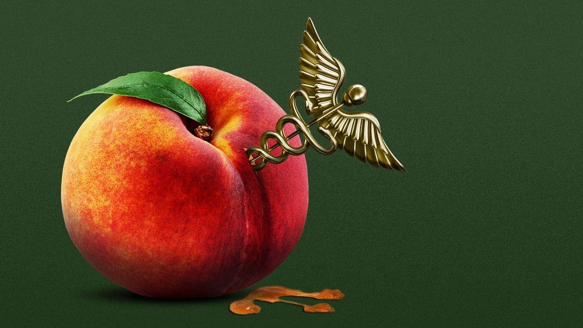 Illustration of a peach with a caduceus sticking out of the side.