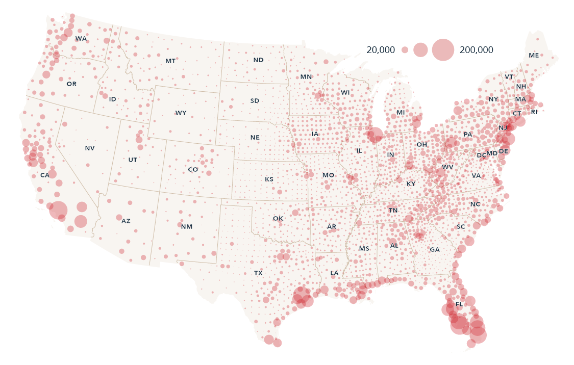 U.S. map showing nationwide properties at substantial flood risk in 2020.