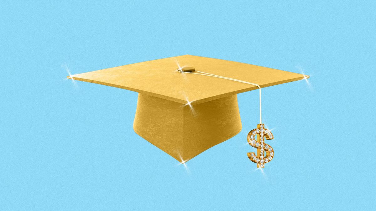 Illustration of solid cold graduation cap with a dollar sign hanging off the tassle