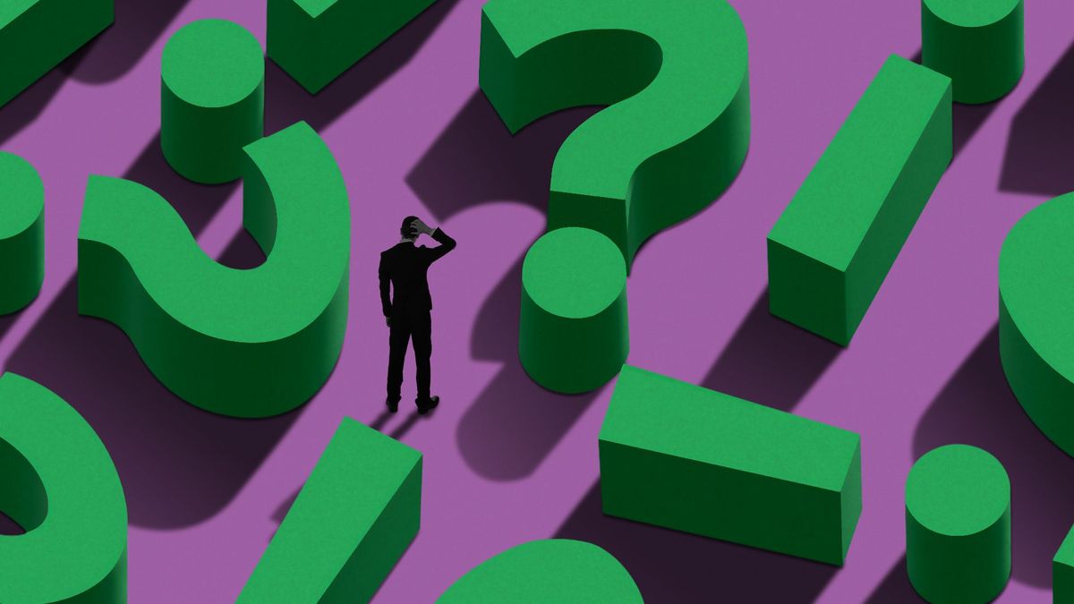 Illustration of a man in a maze made up of question marks and exclamation marks.