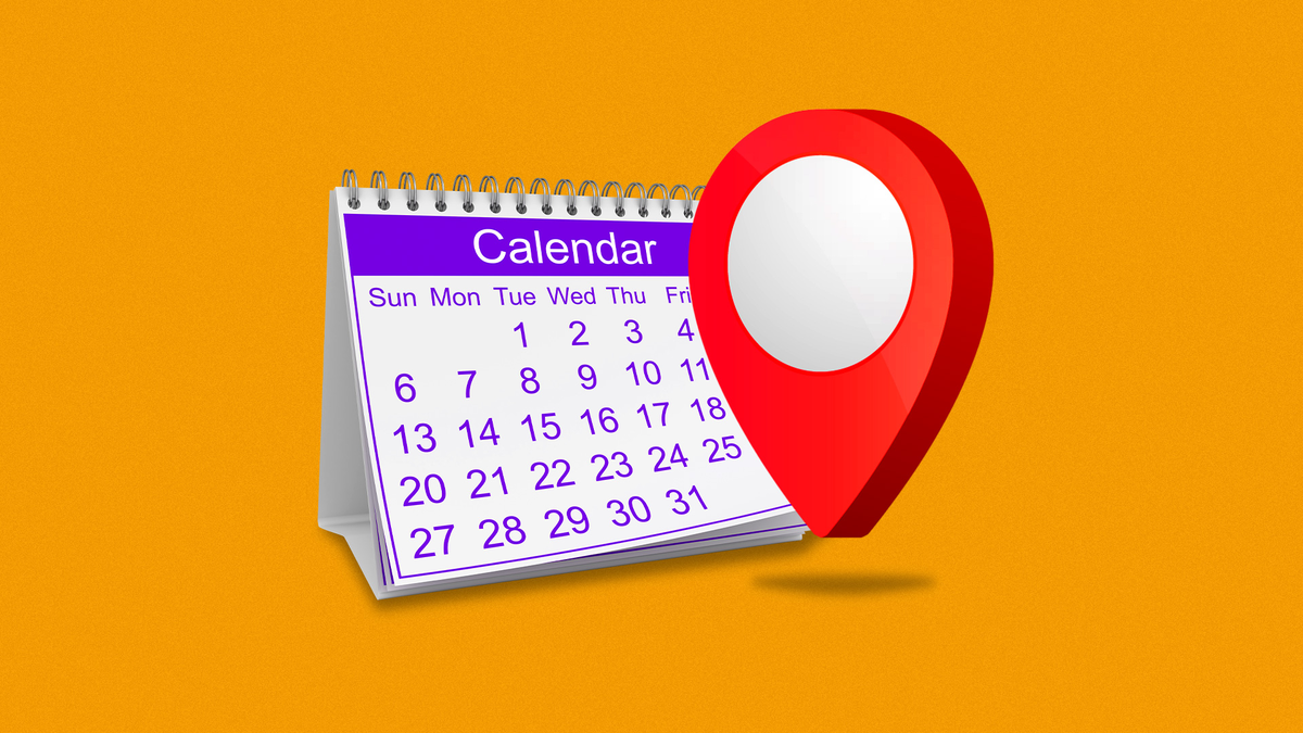 A calendar with a large location pin on it.