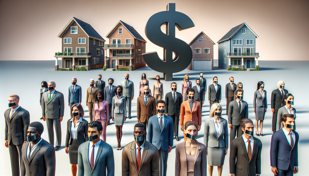 Hundreds of people in suits and dresses with tape over their mouths in front of a group of houses with a huge dollar sign floating above them.