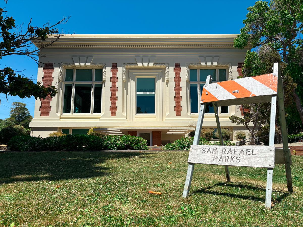 Downtown San Rafael Library with a construction sign