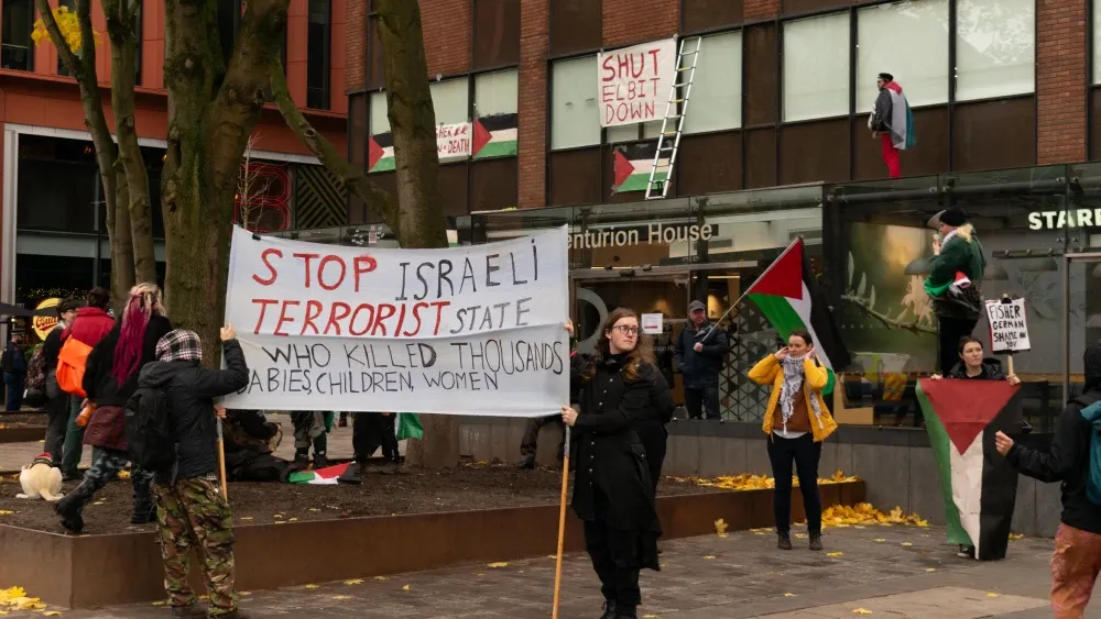 Anti-Israel leftists protest against Israeli defense contractor Elbit Systems in Manchester, England in November 2023, weeks after Hamas murdered 1,200 Israelis, many of them peace activists, during t...