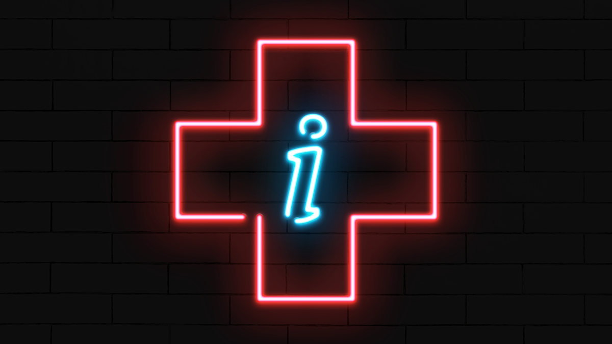 Illustration of a neon sign in the shape of a health plus with an information "i" in the center.