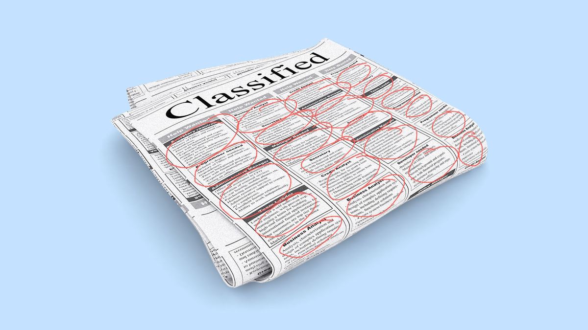 Illustration of a classified ads page in a paper with every job post circled.