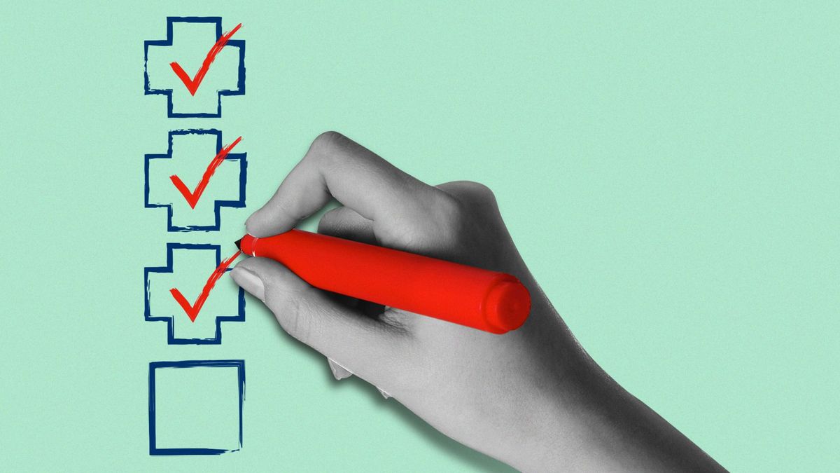 An illustration of a hand checking off to-do's, each to-do is a red cross