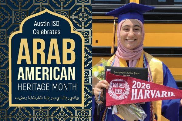 Arab American Heritage Month graphic with hijabi student holding Harvard pennant