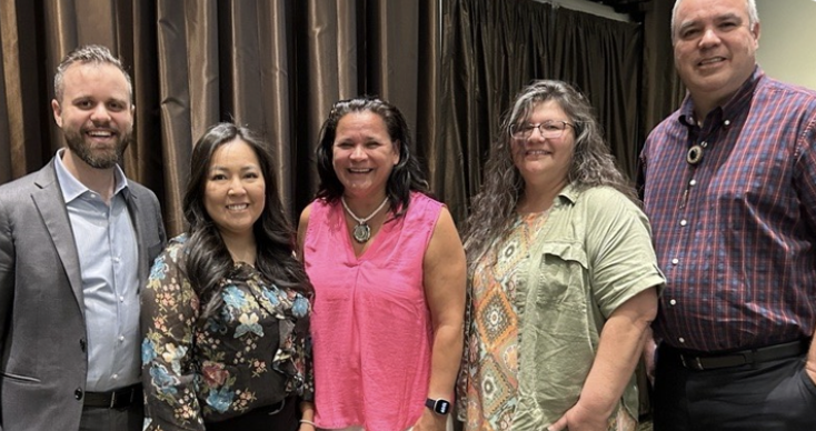 NCUIH Interim Director of Congressional Relations Jeremy Grabiner, Urban Indian Center of Salt Lake Specialist Ralyn Montoya, National Urban Indian Family Coalition Executive Director Janeen Comenote, Kansas City Indian Center's Executive Director Gaylene Crouser and Coordinator Jason Swartley, at the Democracy is Indigenous Mid-Year Gathering.