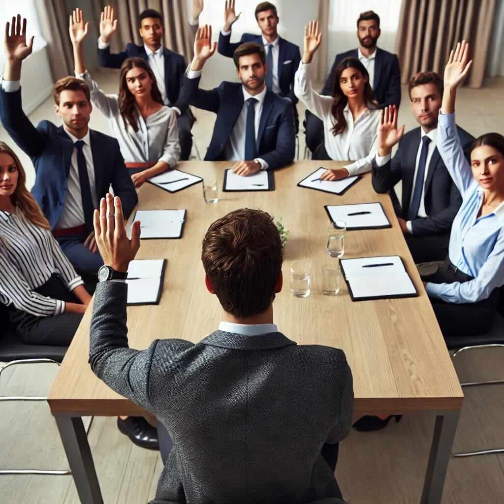 People around a table raising their hands with one keeping her hands in her lap