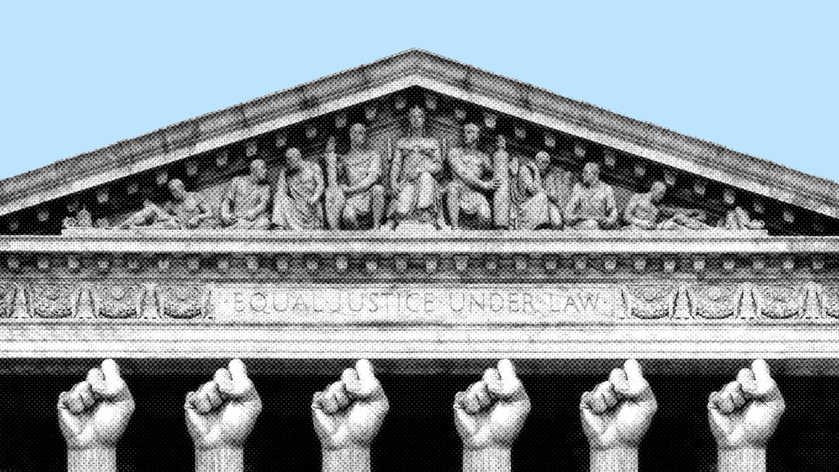 Supreme Court building with columns made out of raised fists