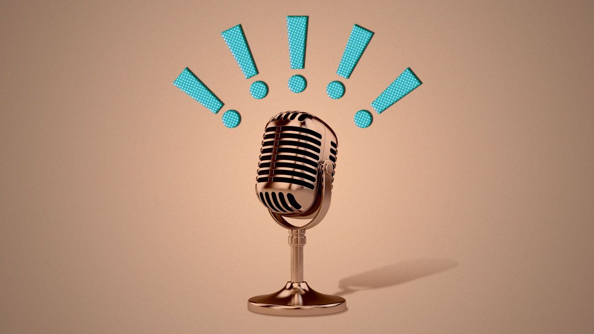 a microphone with exclamation points