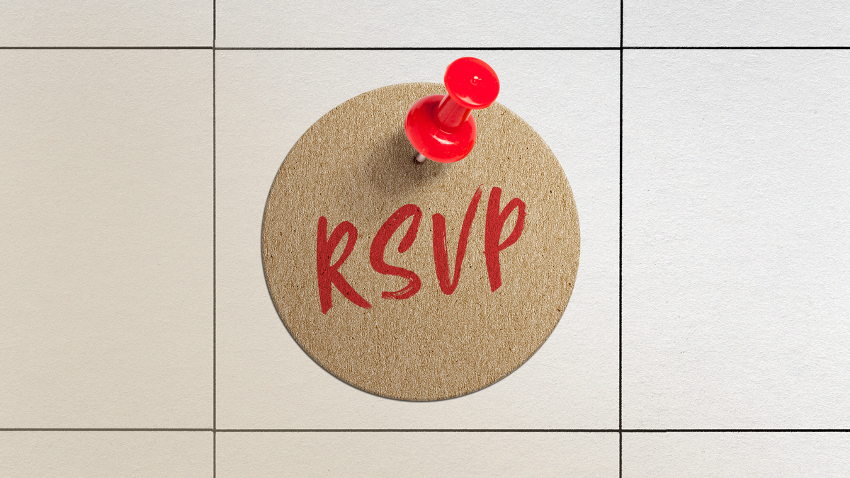 An "RSVP" sign with a pin in it.