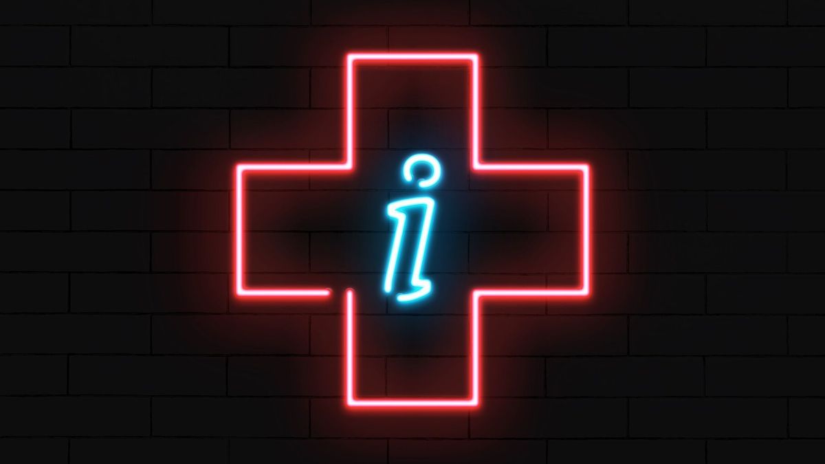An illustration of a neon red cross with a blue "i" information sign inside