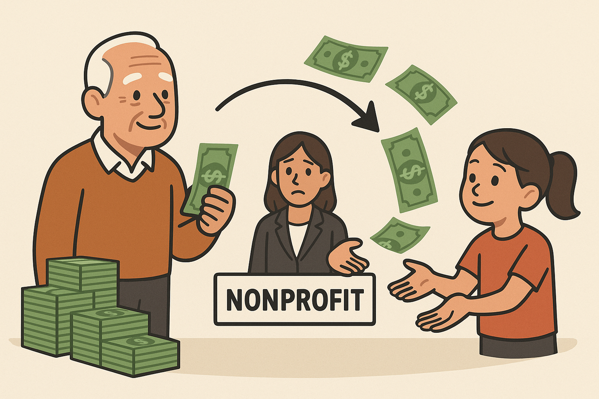 A vivid cartoon of money flowing from one generation to the next, and nonprofit organizations with their hand out, but being skipped over.