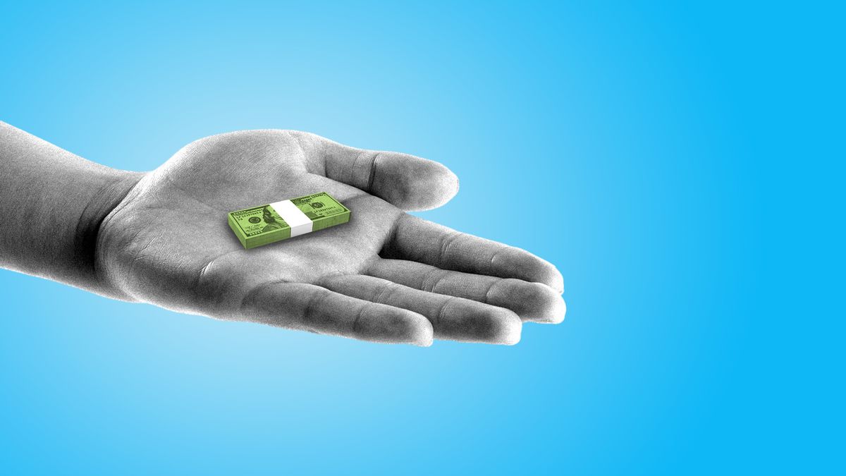 Illustration of a hand holding a very small bundle of bills in its palm