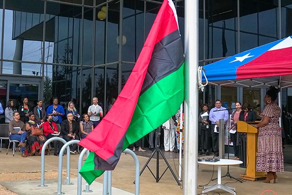 Int Supt Segura and officials attend the raising of the Pan African Flag at Austin ISD Central Office