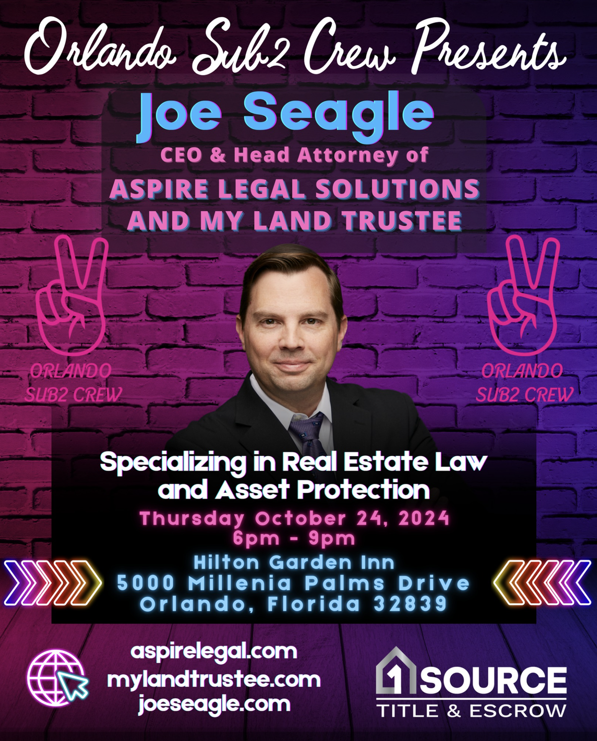 Joe Seagle speaking October 24 at Sub-To Crew event at Hilton Garden Inn at 5000 Millenia Palms Drive, Orlando, Florida