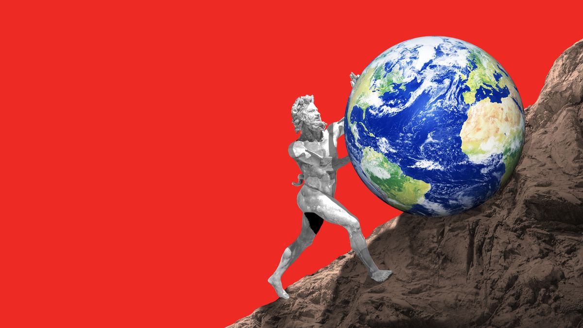 Illustration of Sisyphus rolling the Earth up a hill