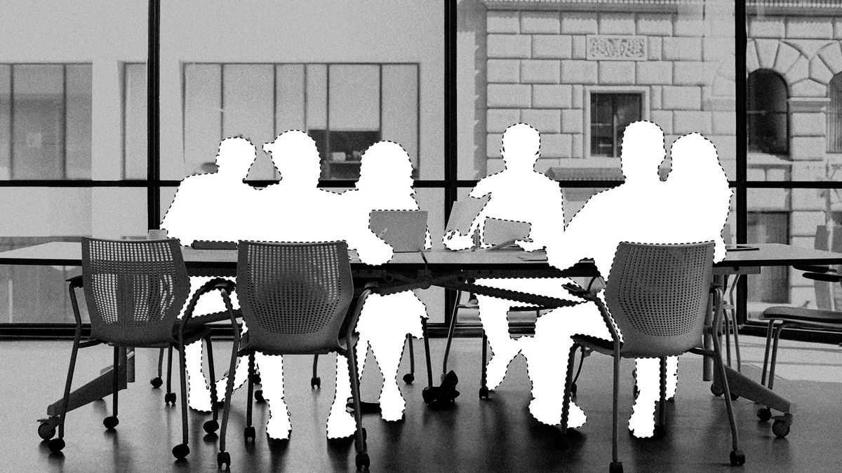 In this illustration, people are cut out of a business meeting and white silhouettes are left behind.
