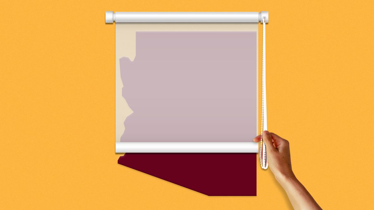 Illustration of a hand pulling a window shade down over the state of Arizona.