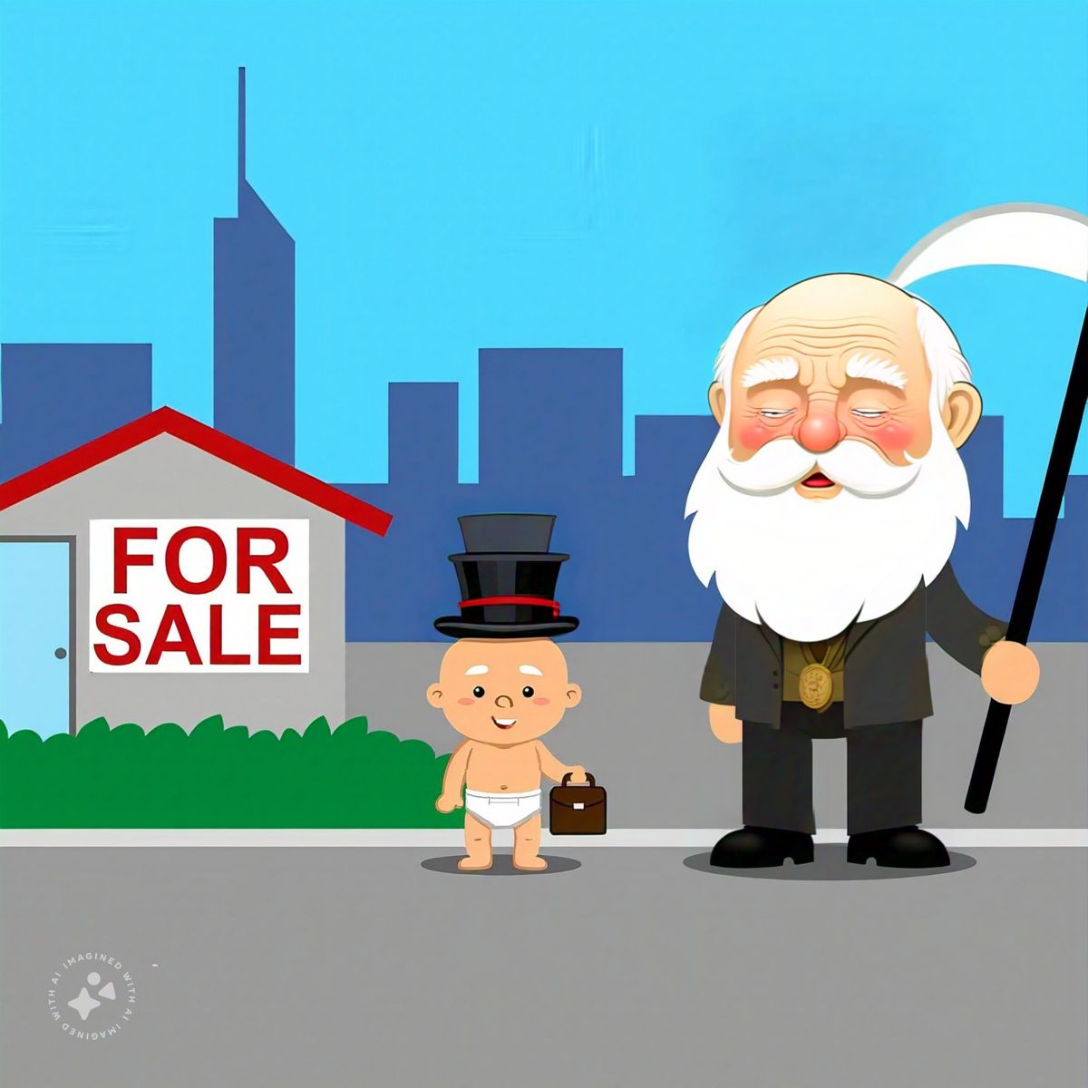 Baby New Year selling a house to Father Time