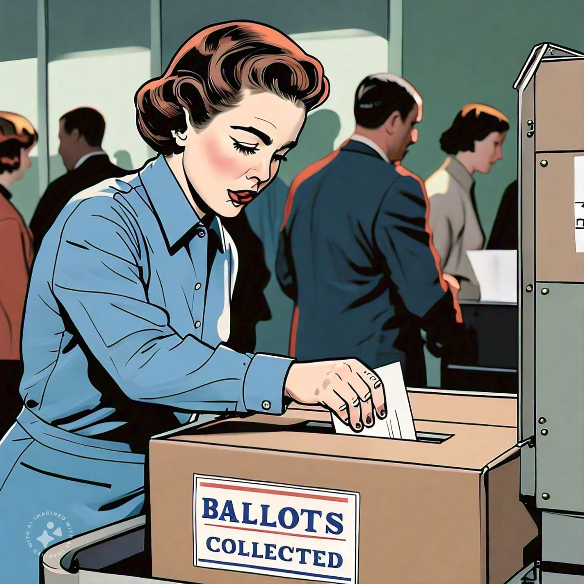 A woman putting a ballot into a moving box