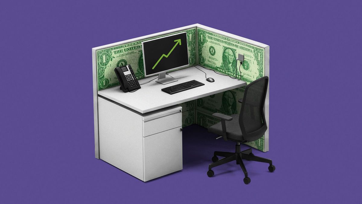 Illustration of  a cubicle made of money.