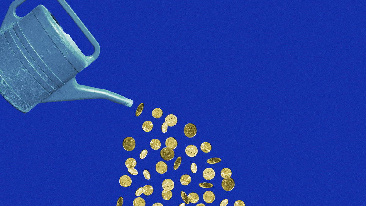 Coins being poured out of a watering can.