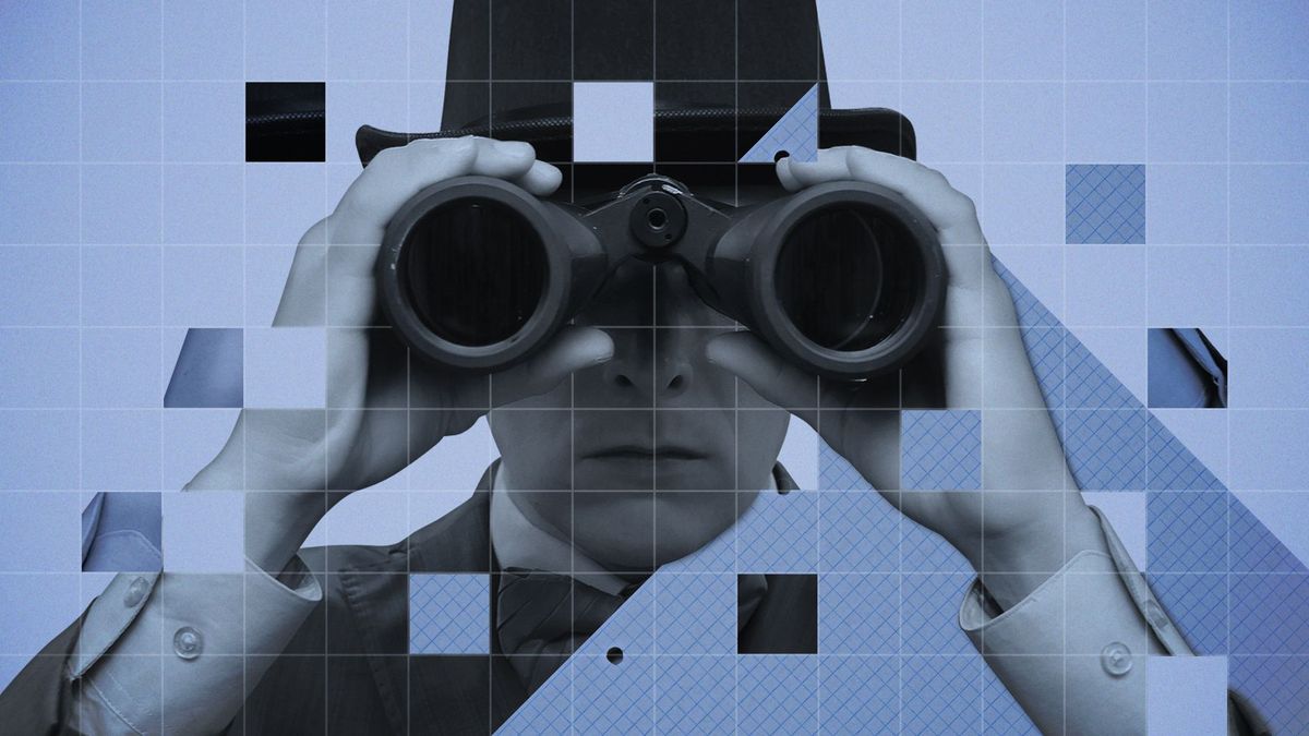 Illustrated collage of a man using binoculars looking directly at the viewer