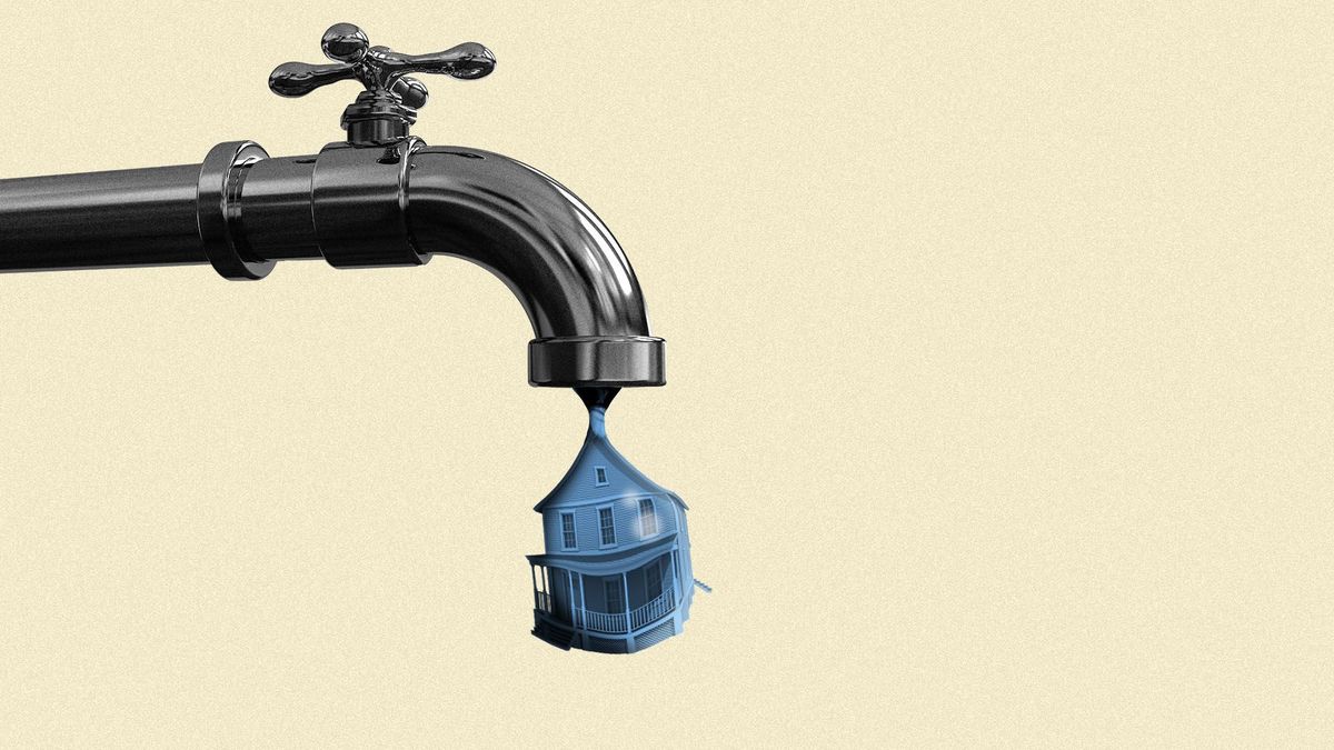 In this illustration, a house drops from a water faucet.