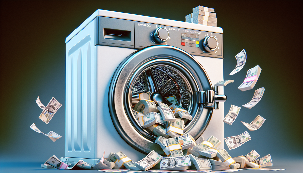 A cartoon washing machine depicting money laundering