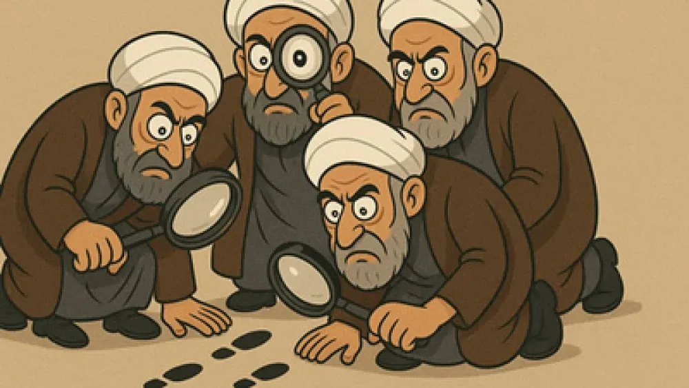 Four ayatollahs search the ground for footprints. (AI-generated image)