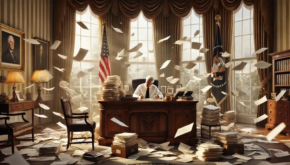 Illustration of a president sitting behind the desk in the Oval Office, signing documents as stacks of paper sit everywhere and fly through the air