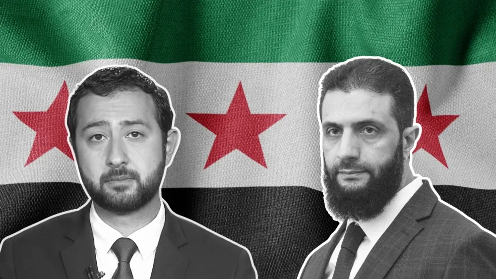 Mouza Moustafa and Ahmed al-Sharaa against a Syrian flag.