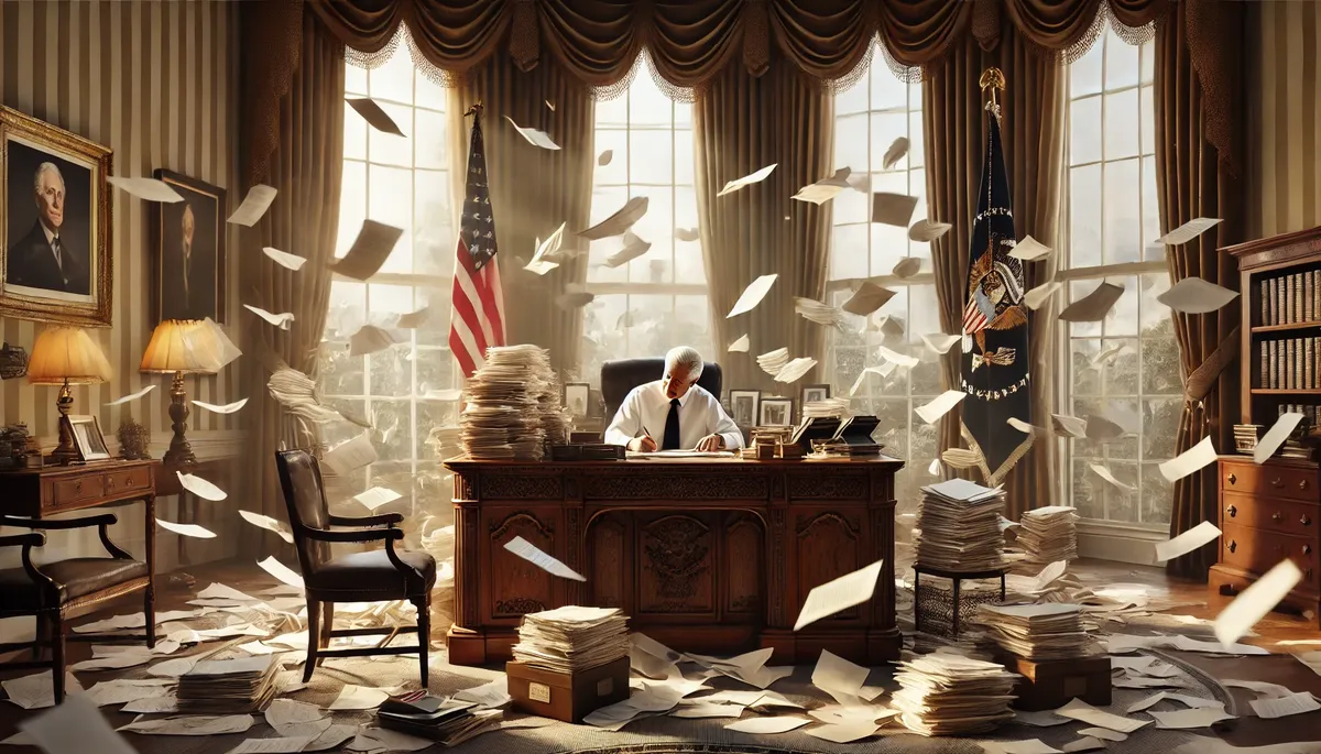 A photorealistic depiction of a president seated at an ornate wooden desk, overwhelmed with stacks of documents and papers scattered all around.