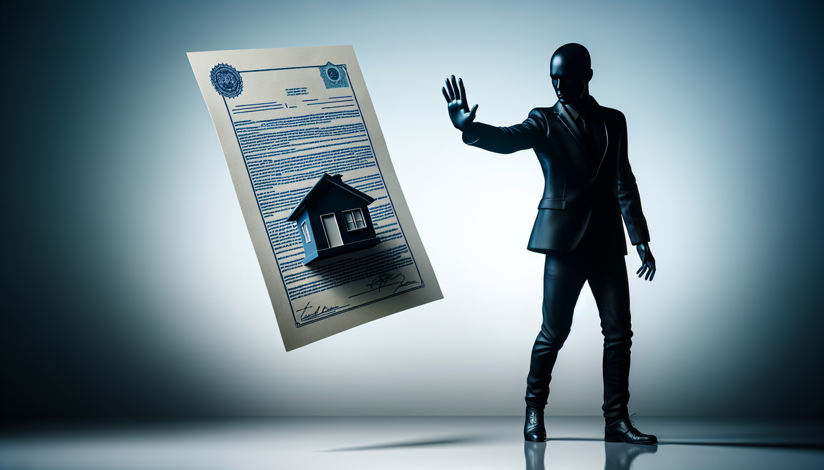 a man standing with his hand out as if ordering someone to stop, telling a legal document with a house behind it to stop moving