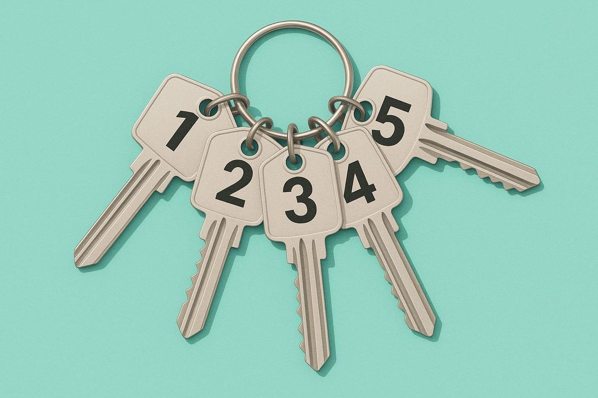 5 keys on a keychain, numbered 1-5