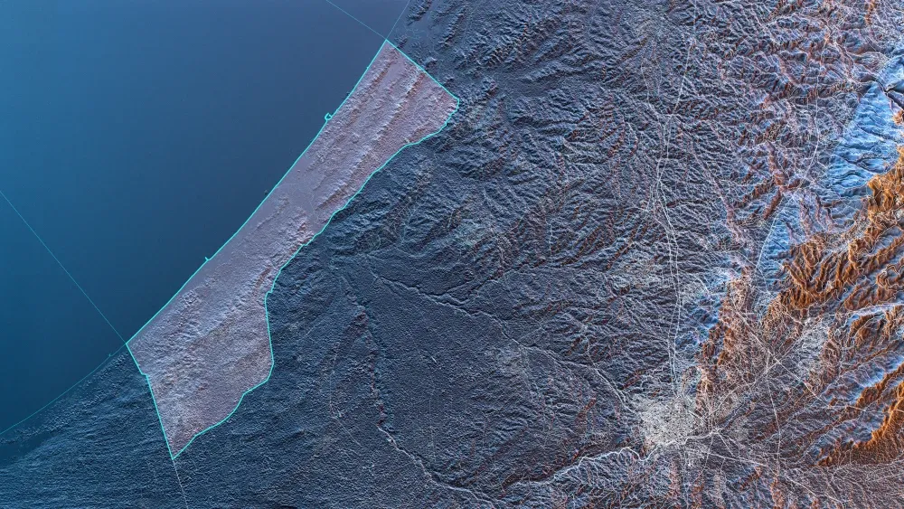Aerial image of Gaza with highlighted borders on topographical map.  Corona Borealis - stock.adobe.com