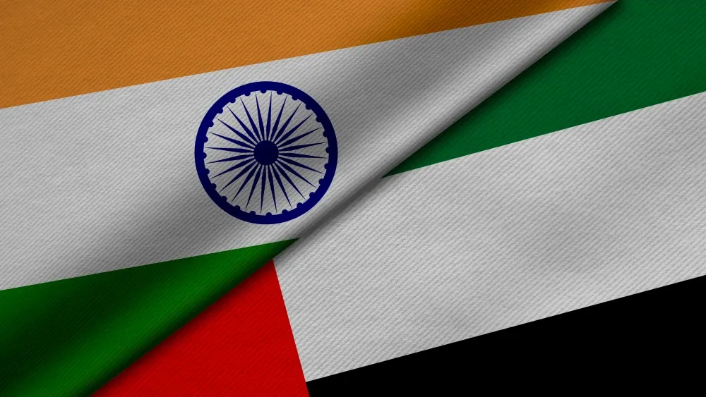 A 3-D rendering of the flags of India and the United Arab Emirates.  Shutterstock