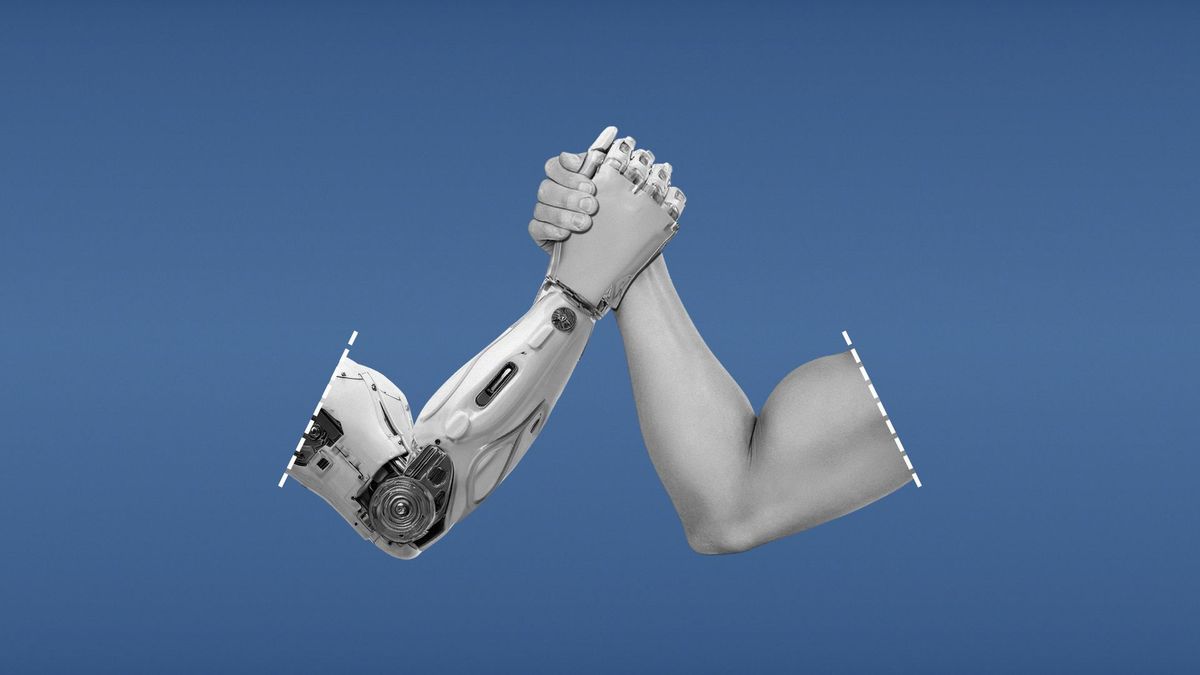 Illustration of a robot and human arms arm-wrestling